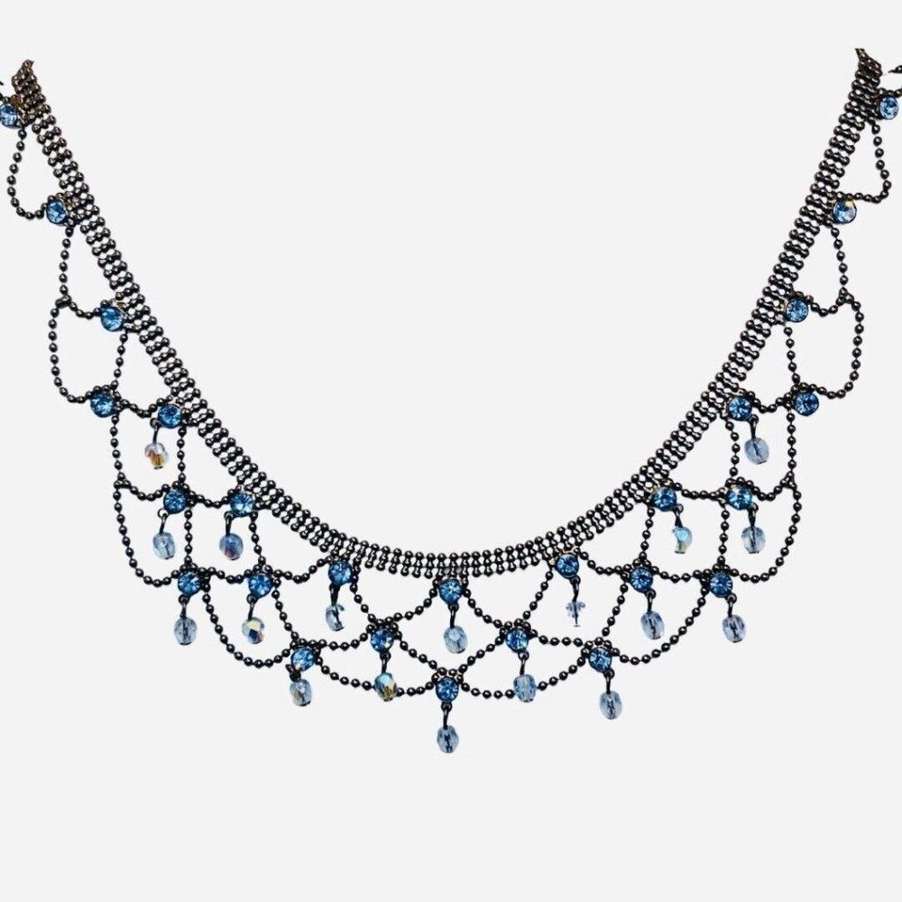 Vintage Lia Sophia Blue Shimmering Rhinestone Bead Lace Choker Necklace 17.5”